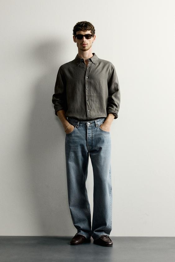 100% LINEN REGULAR FIT SHIRT - Dark khaki by Zara - Image 0
