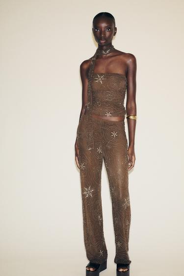 BEADED SEQUIN TROUSERS - Chocolate by Zara