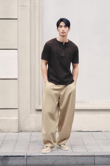 TEXTURED HENLEY COLLAR T-SHIRT - Chocolate by Zara