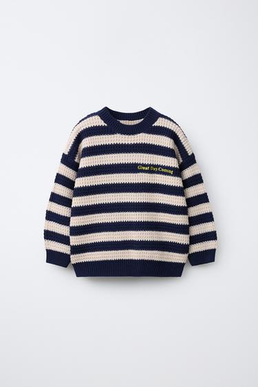 STRIPED KNIT JUMPER WITH EMBROIDERED TEXT - Blue / Green by Zara