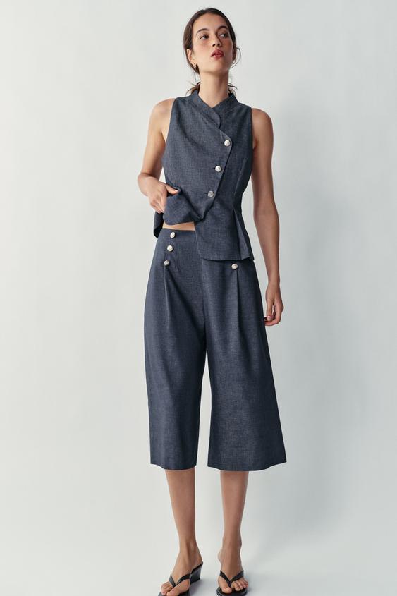 LONG LINEN BLEND BUTTON BERMUDA SHORTS - Indigo by Zara - Image 0