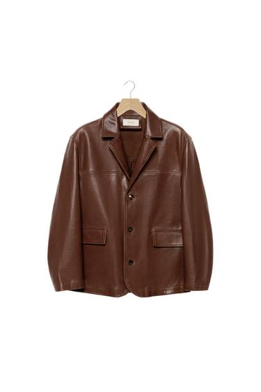 RELAXED FIT LEATHER BLAZER - Brown by Zara