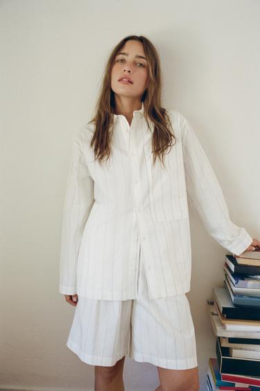 STRIPED PYJAMA SHIRT - Ecru / Beige by Zara