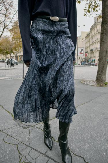 PRINTED MIDI SKIRT WITH BELT - blue/black by Zara