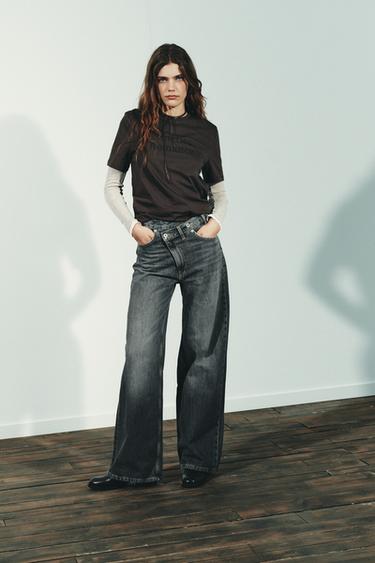 TRF WIDE-LEG HIGH-WAIST JEANS WITH CROSSOVER WAIST - Anthracite grey by Zara