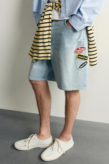 RELAXED FIT DENIM BERMUDA SHORTS WITH PATCHES - Blue by Zara