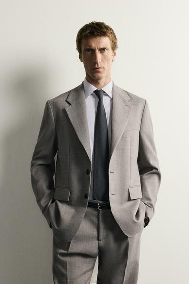 REGULAR FIT WOOL BLEND SUIT BLAZER - Grey / Beige by Zara