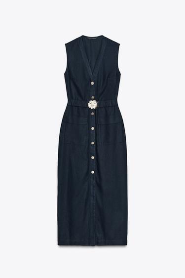 MIDI DRESS WITH LINEN BLEND BELT - Navy blue by Zara