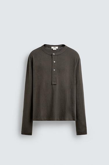 RELAXED FIT HENLEY COLLAR T-SHIRT - Olive green by Zara