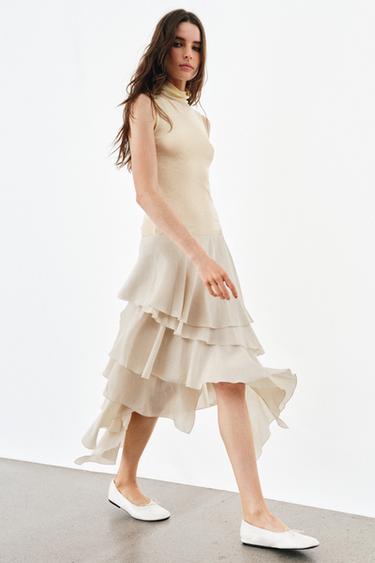 ZW COLLECTION FLOWING RUFFLE SKIRT - Beige / Green by Zara