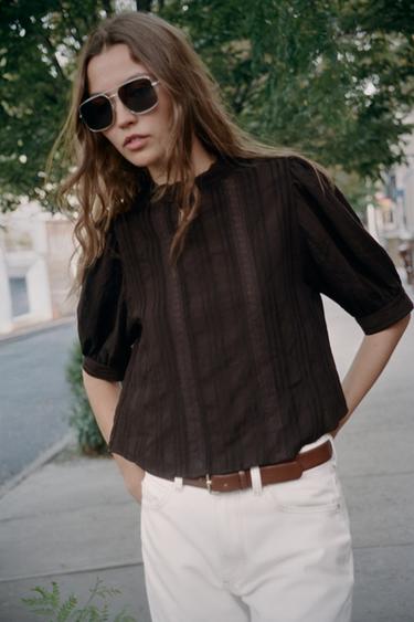 LACE ROMANTIC SHIRT - Dark brown by Zara