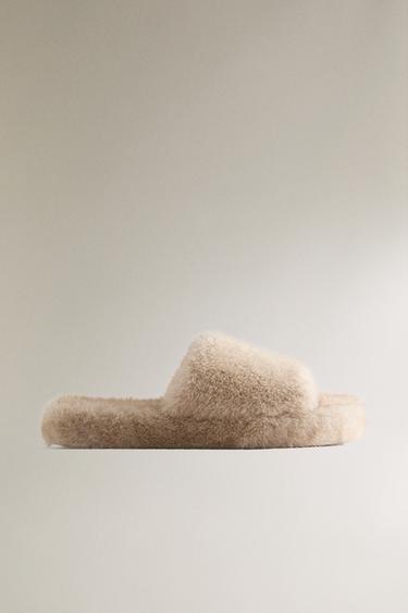 FAUX FUR FLATFORM SLIPPERS - Sand Brown by Zara