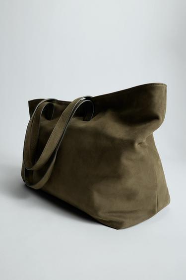 LEATHER TOTE BAG - Khaki Green by Zara
