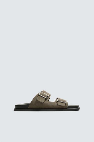 DOUBLE-STRAP LEATHER SANDALS - Taupe Grey by Zara