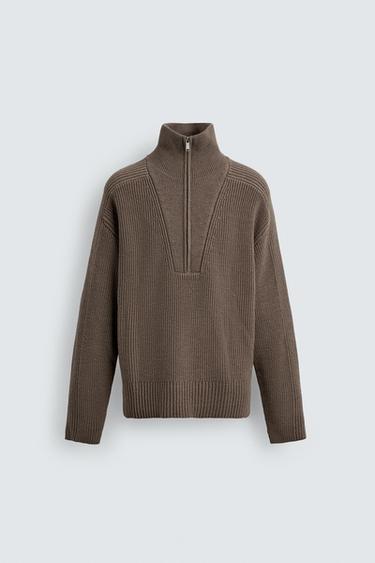 PURL KNIT QUARTER-ZIP JUMPER - Brown / Taupe by Zara