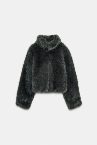 SHORT FAUX FUR COAT WITH TOGGLES - Dark charcoal grey by Zara