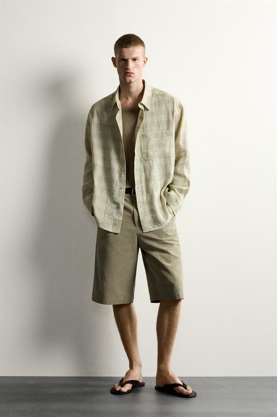 100% LINEN RELAXED FIT CHECKED SHIRT - Greens by Zara - Image 0