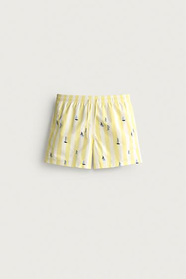 STRIPED BOAT EMBROIDERY MID-LENGTH SWIMMING TRUNKS - Ecru/Yellow by Zara