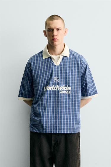 CROPPED FIT SLOGAN PRINT POLO SHIRT - Blue/White by Zara