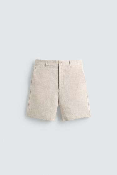 REGULAR FIT 100% LINEN BERMUDA SHORTS - Light beige by Zara