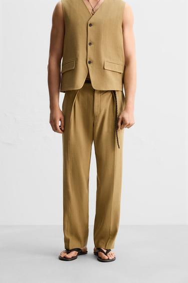LIMITED EDITION LINEN-LYOCELL SUIT TROUSERS - Ochre by Zara