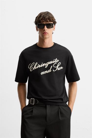 EMBROIDERED SLOGAN T-SHIRT - Black by Zara