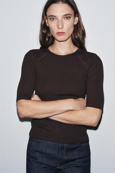 RIB T-SHIRT - Brown by Zara
