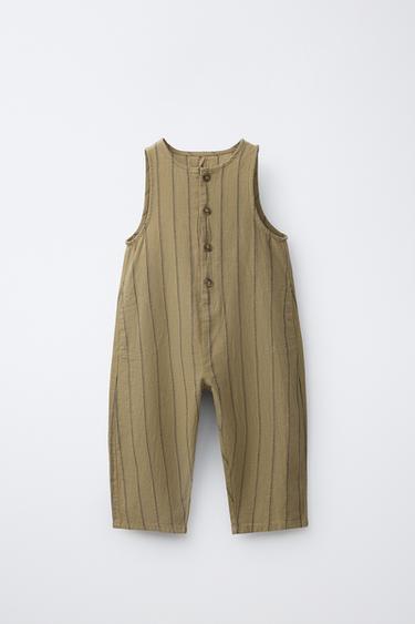 LONG STRIPED COTTON LINEN DUNGAREES - Khaki by Zara
