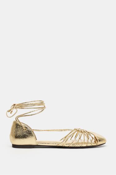 METALLIC-EFFECT LACE-UP CAGE SANDALS - Gold by Zara