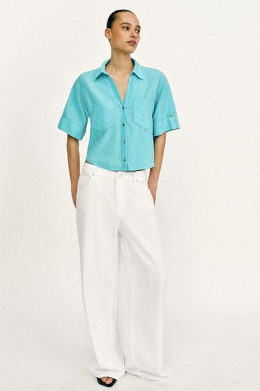 LINEN BLEND SHORT SHIRT - Turquoise by Zara