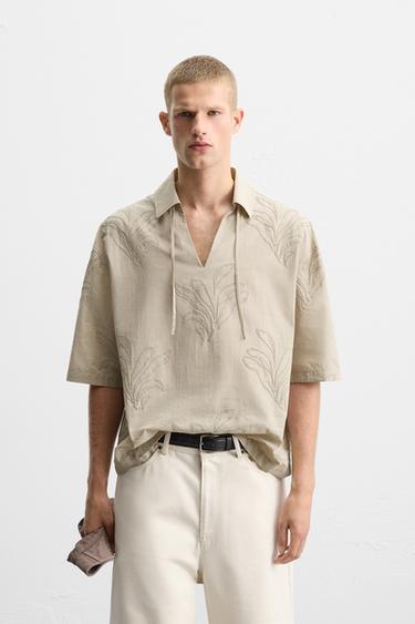 LEAF EMBROIDERY SHIRT - Brown / Taupe by Zara
