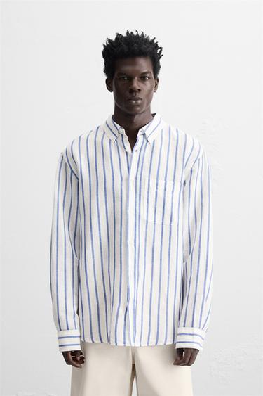 COTTON - LINEN SHIRT - White / Navy by Zara