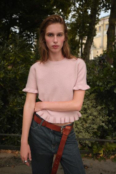 KNIT SHORT SLEEVE JUMPER WITH RUFFLES - Pastel pink by Zara