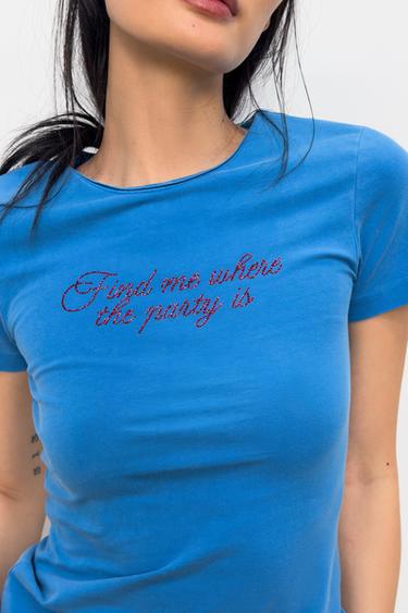 FADED-EFFECT SHINY SLOGAN T-SHIRT - Blue by Zara