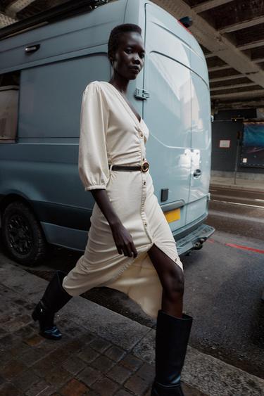 MIDI DRESS WITH PUFF SLEEVES AND BELT - Ecru by Zara