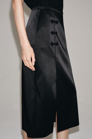 ZW COLLECTION SATIN SKIRT WITH FROG FASTENING - Black by Zara