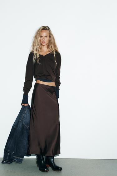 SATIN MIDI SKIRT - Dark aubergine by Zara
