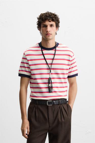 STRIPED CONTRAST T-SHIRT - Red / Coral by Zara