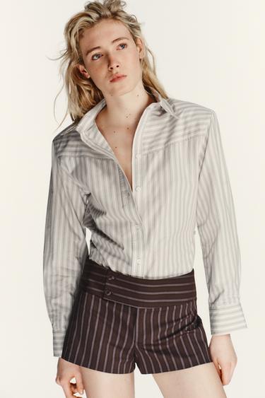 STRIPED POPLIN SHIRT WITH SHOULDER PADS - White / Grey by Zara