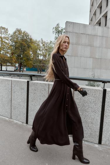 MIDI SHIRT DRESS WITH BELT - Chocolate by Zara