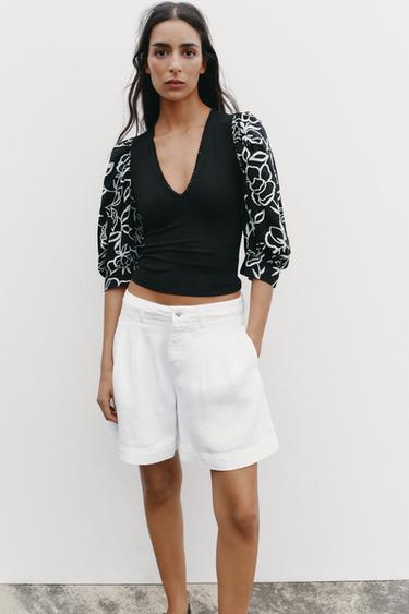 PUFF SLEEVE BLOUSE WITH EMBROIDERED FLOWERS - Black by Zara