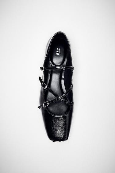 CRACKLED EFFECT STRAPPY BALLET FLATS - Black by Zara