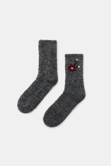 FLORAL EMBROIDERED SOCKS - Grey by Zara