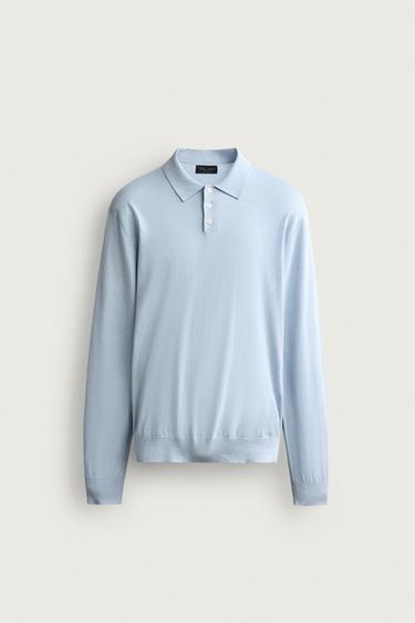 LIGHTWEIGHT COTTON-BLEND KNIT POLO SHIRT - Sky blue by Zara
