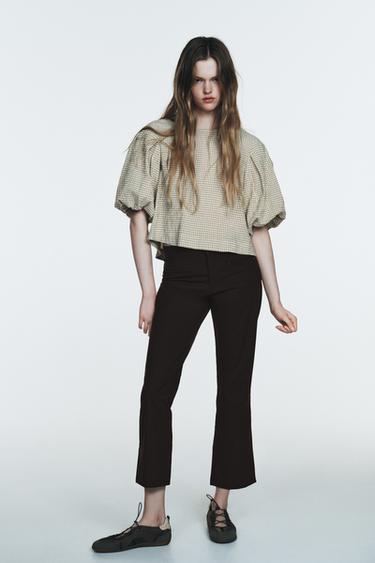 CHECK BALLOON SLEEVE TOP - Sand / Black by Zara