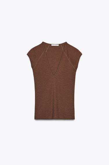 RIB V-NECK T-SHIRT - Chocolate by Zara