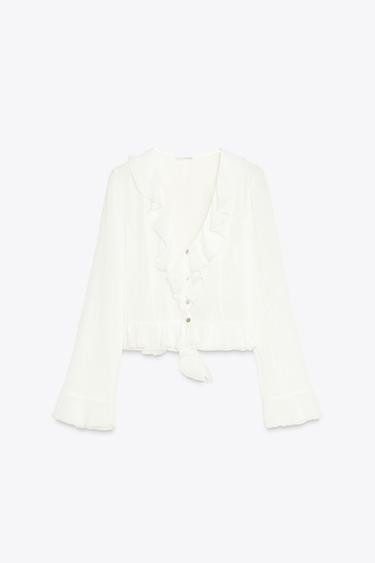 SEMI-SHEER BLOUSE WITH RUFFLE TRIMS - Ecru by Zara