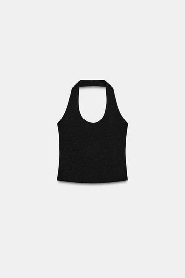SHINY STRETCH HALTER TOP - Black by Zara