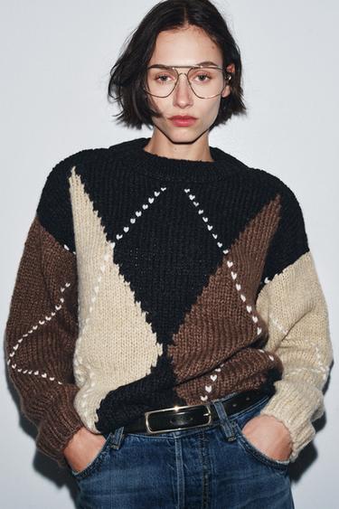 DIAMOND KNIT JUMPER - Black / Ecru by Zara