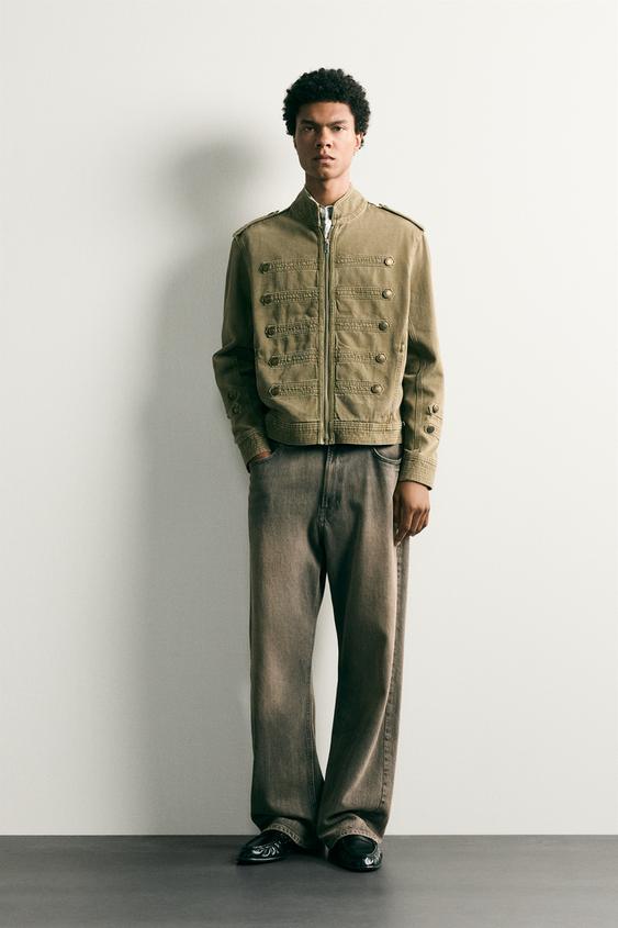 CROPPED FIT DENIM JACKET WITH BUTTONS - Khaki by Zara - Image 0